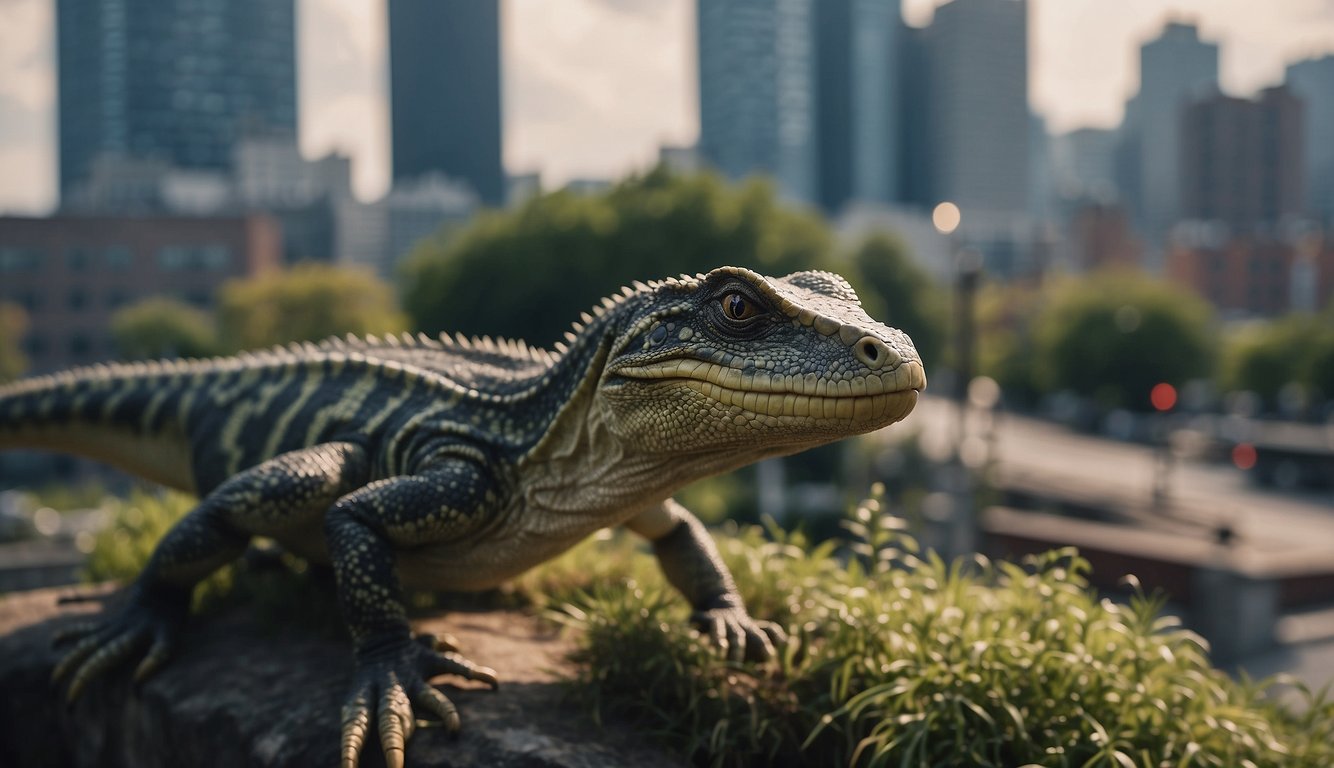 Prehistoric reptiles roam modern landscape, towering over city buildings and blending with urban environment