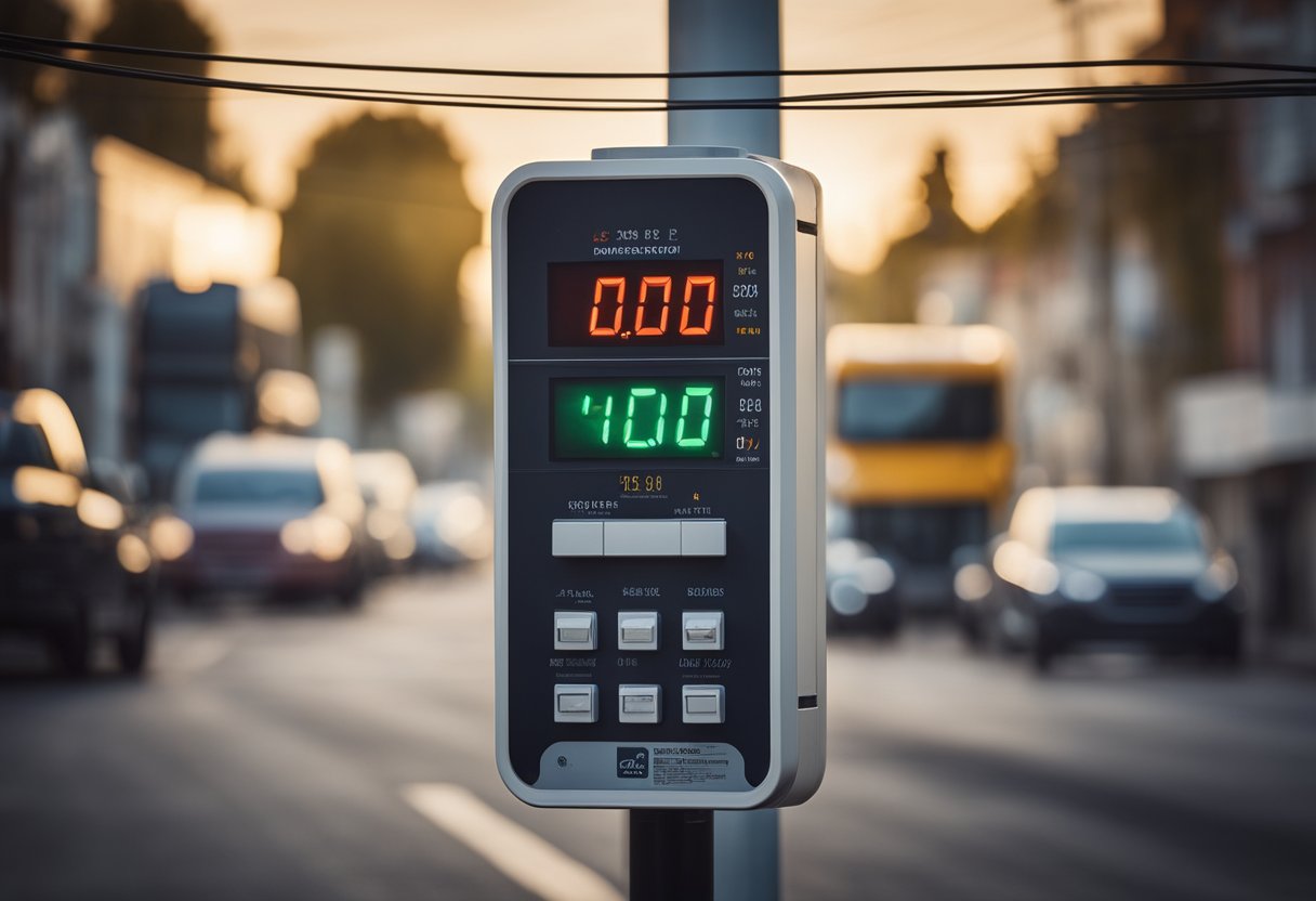 Electricity transport fee shown on bill. Meter with digital display. Power lines in background. Subtle glow around meter