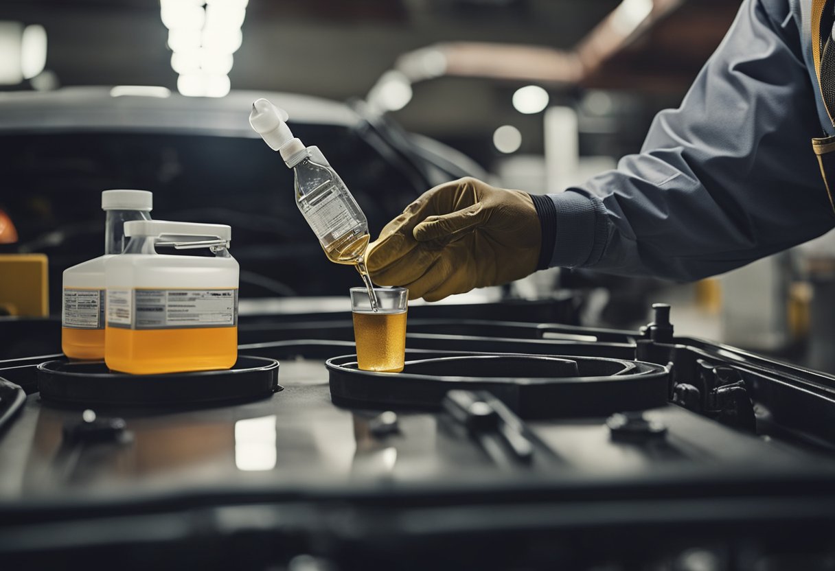 A mechanic pours transmission fluid into a 4L60E transmission, carefully measuring the correct amount of quarts needed for the fluid change process