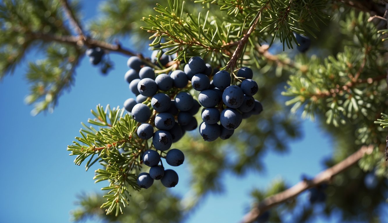 A cluster of juniper berries hangs from a branch, surrounded by vibrant green leaves and a backdrop of a clear blue sky