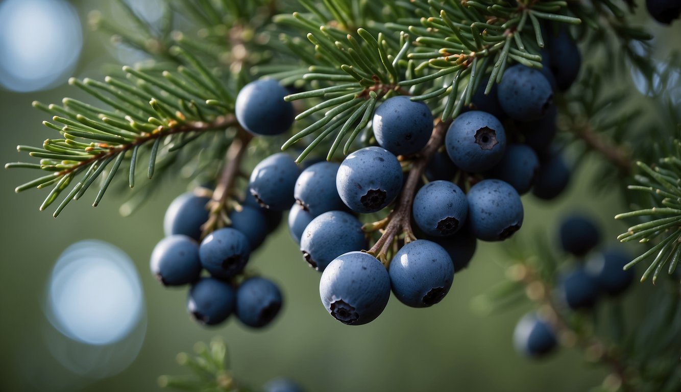 A cluster of juniper berries hangs from a branch, surrounded by delicate green leaves and prickly needles. The berries are a deep blue color and have a waxy sheen, creating an overall beautiful and vibrant botanical profile