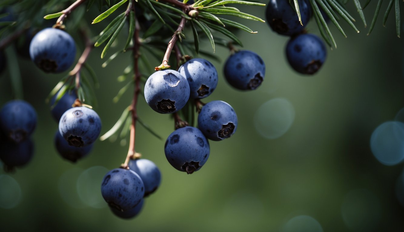 Juniper berries hang from a lush green branch, surrounded by small, needle-like leaves. The berries are a deep blue-purple color, with a waxy sheen
