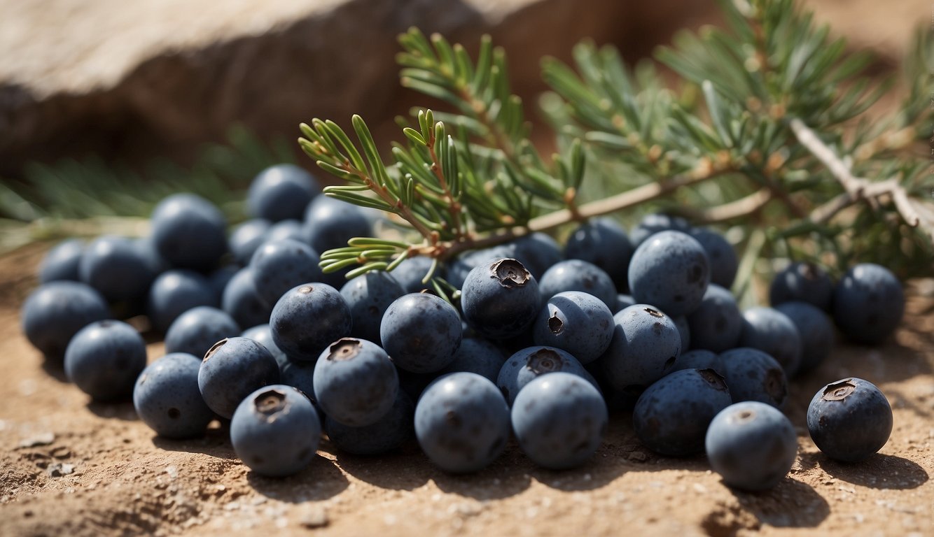 Juniper berries scattered among ancient ruins and artifacts, symbolizing cultural and historical significance