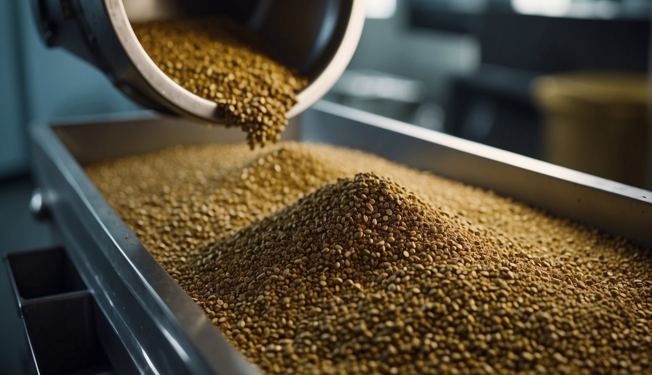 Machinery grinds juniper berries into powder. Conveyor belts transport the powder to be used in industrial and non-culinary products