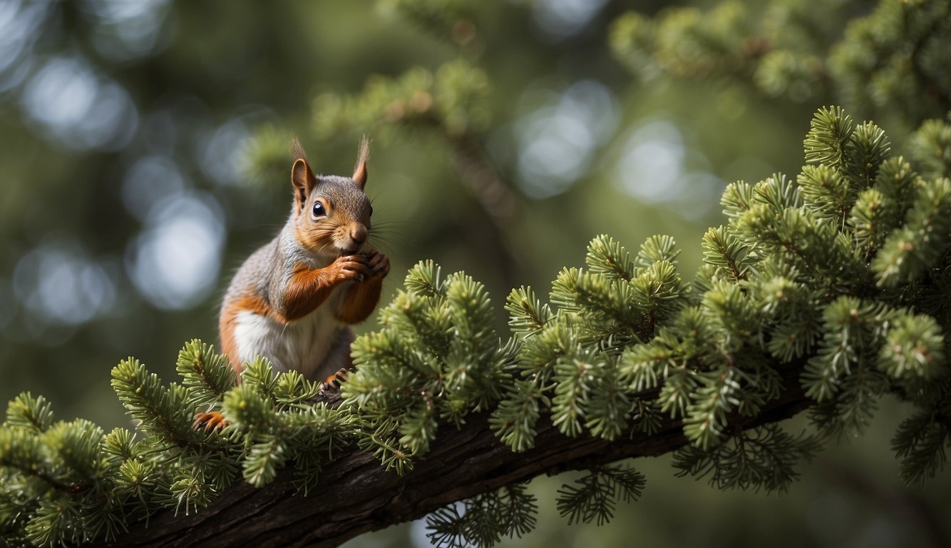 A squirrel perched on a tree branch, reaching for ripe juniper berries with its paws. The berries are clustered in small bunches among the green foliage