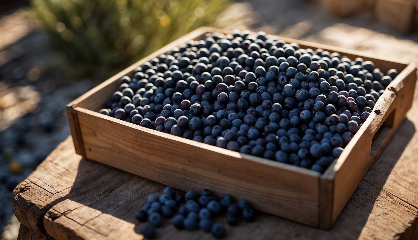 A pile of fresh juniper berries spills out of a wooden crate, ready for packaging and distribution. The vibrant blue-black berries glisten in the sunlight, promising their unique flavor to consumers worldwide