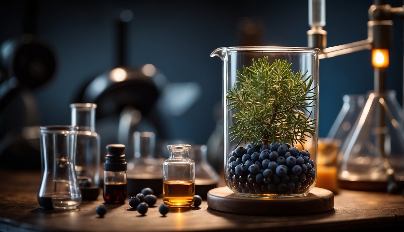 Juniper berries in a glass beaker, surrounded by test tubes and scientific equipment, with a chart showing their chemical composition and properties