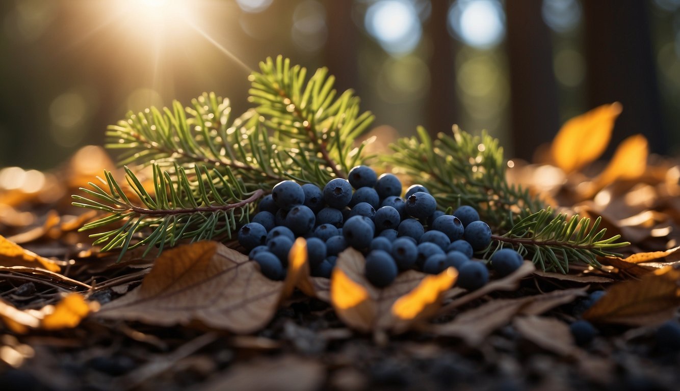 A pile of juniper berries surrounded by a scattering of fallen leaves, with a soft ray of sunlight casting a warm glow on the scene