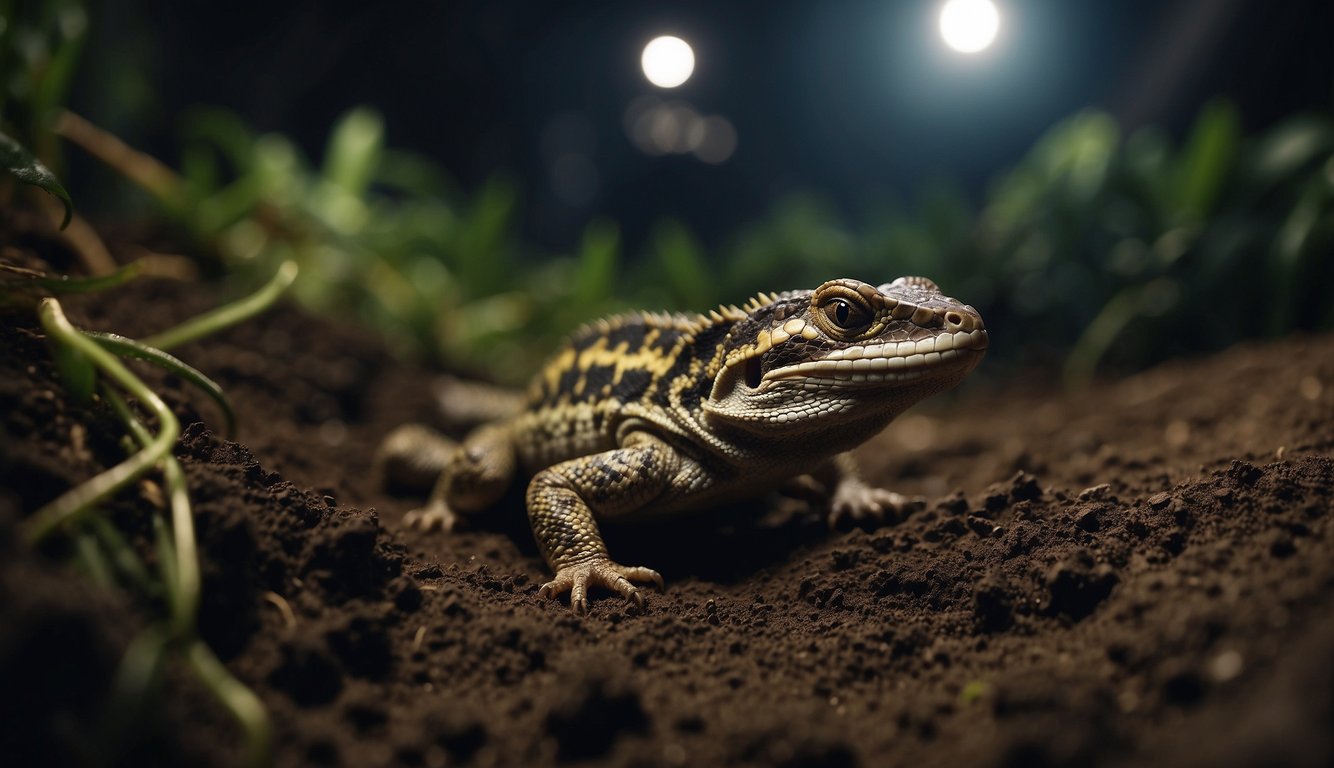 Burrowing reptiles tunnel through dark, rich soil, their scales glistening in the dim light as they navigate the underground maze in search of food and shelter