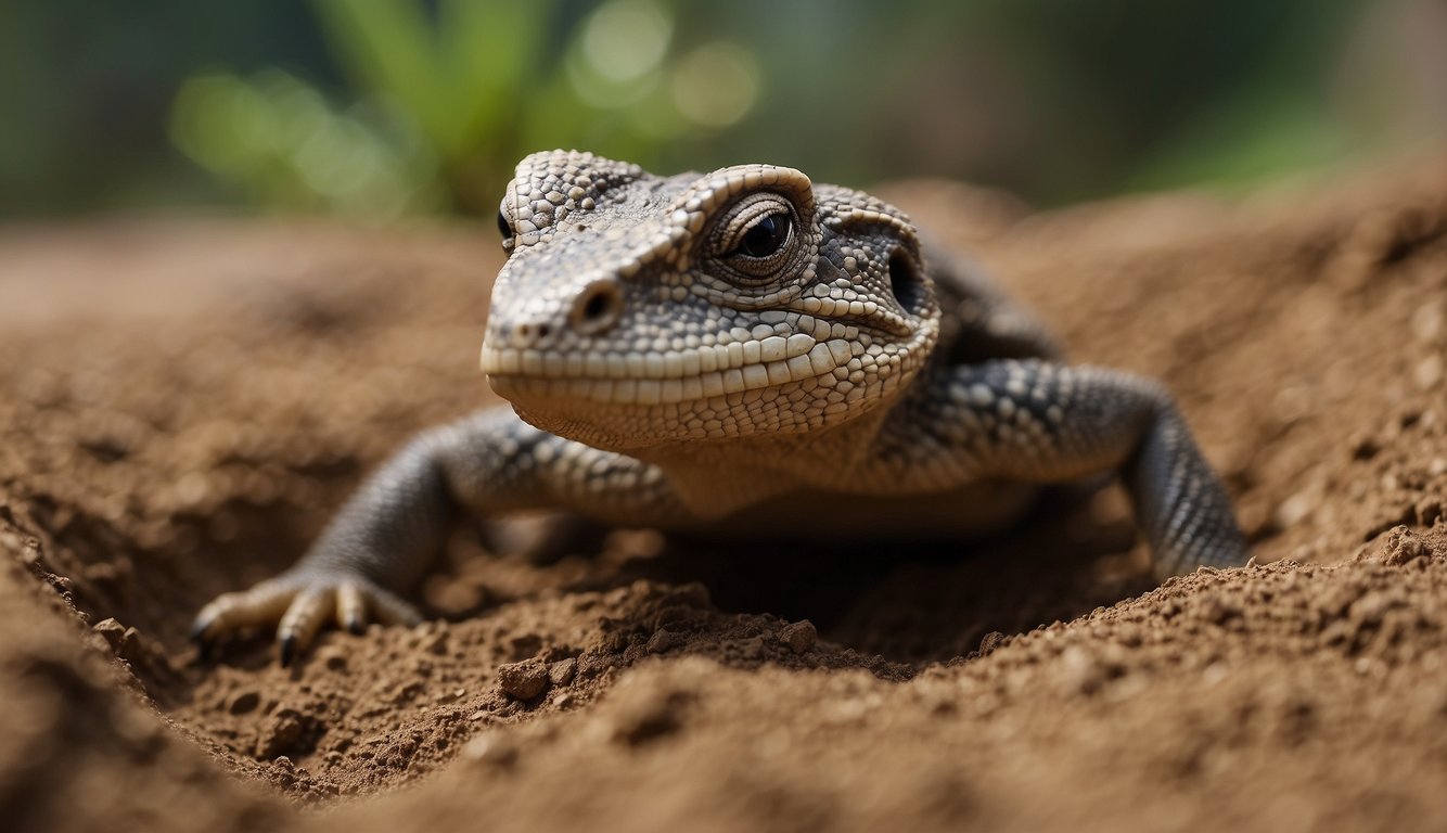 Several burrowing reptiles dig through the earth, creating intricate tunnels and burrows.

Some are emerging from their underground homes, while others are actively digging, using their strong limbs and sharp claws
