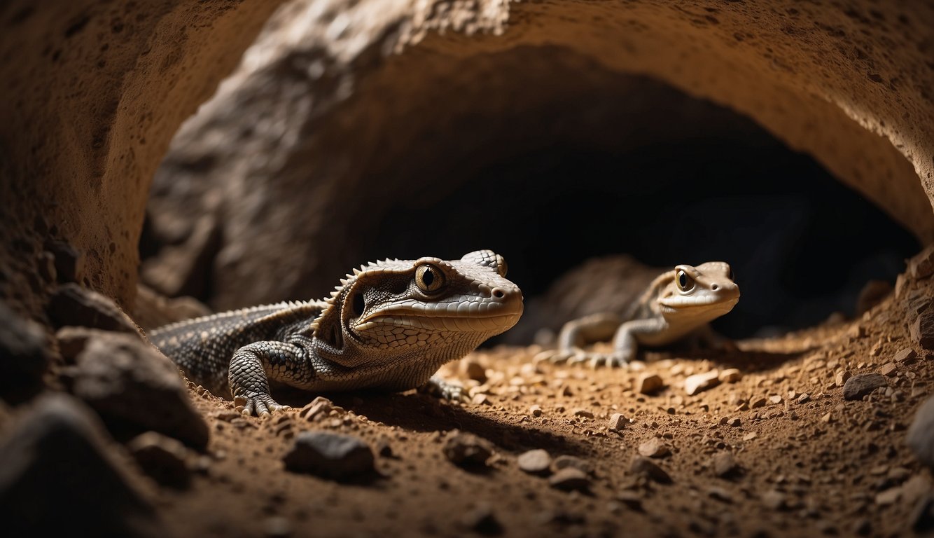 A group of burrowing reptiles, including snakes and lizards, are shown navigating through underground tunnels and burrows in search of food and shelter