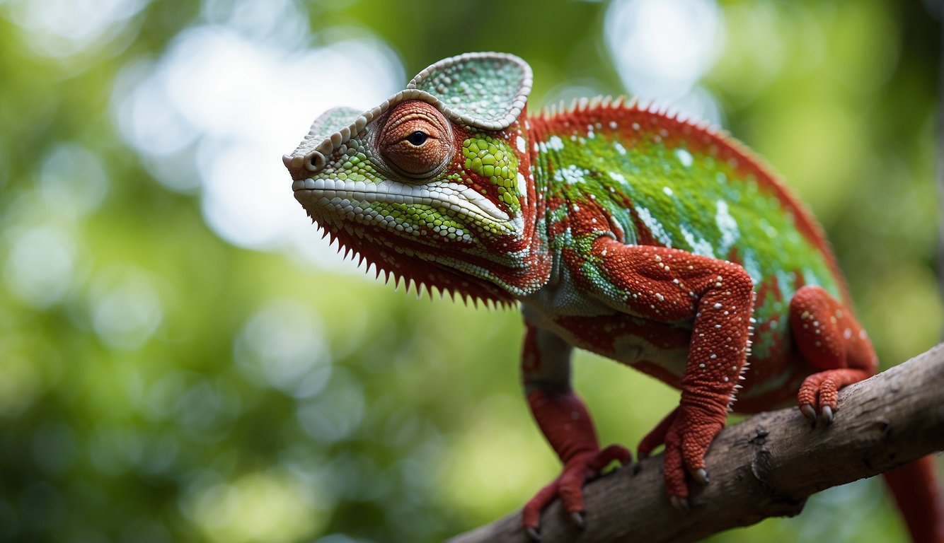 A chameleon perched on a branch, its skin transitioning from vibrant green to deep red as it communicates with another chameleon nearby