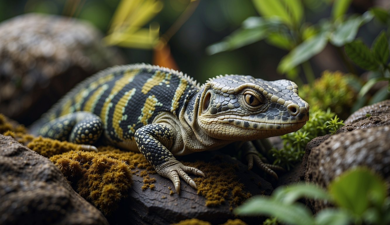 Reptiles blend into surroundings, changing color to communicate, amidst vibrant foliage and textured rocks