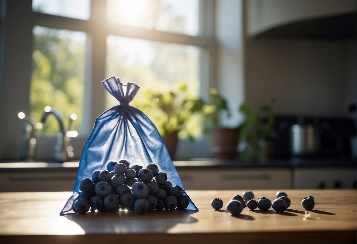 Dehydrated blueberries spill from a torn bag, scattered on a kitchen counter near an open window with sunlight streaming in