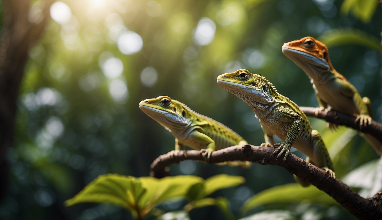 A group of gliding lizards soar through the jungle, their colorful wings outstretched as they gracefully navigate the treetops, showcasing their incredible flying abilities