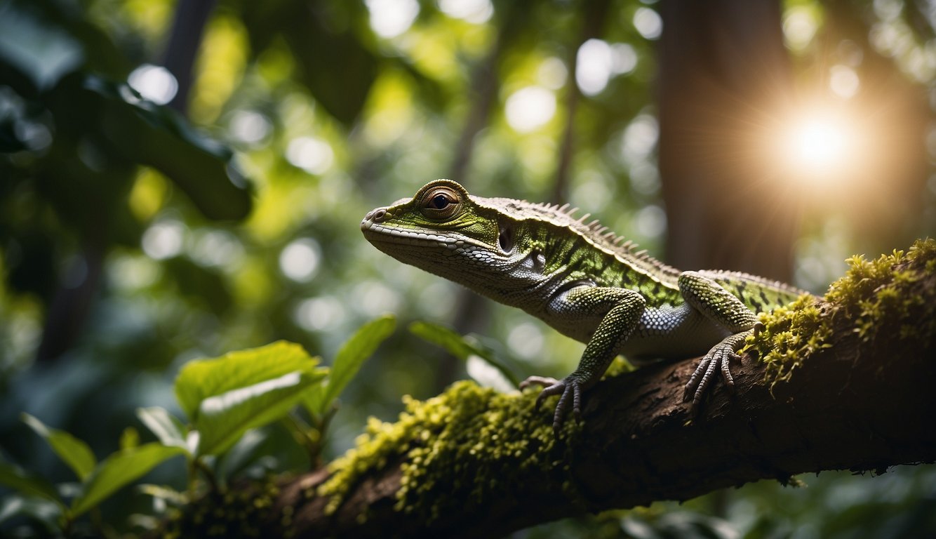 A lush, tropical forest teeming with vibrant flora and fauna.

Sunlight filters through the dense canopy, illuminating a group of flying lizards gracefully gliding from tree to tree
