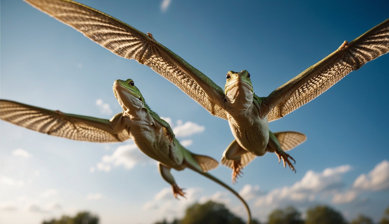 A group of flying lizards gracefully soar through the sky, their wings outstretched as they glide with effortless grace and agility