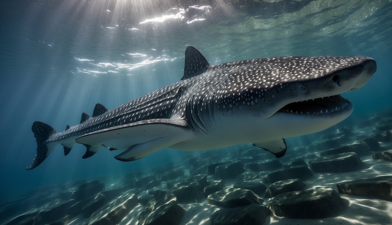 Whale sharks swim gracefully, mouths open wide, filtering water for plankton.

Sunlight filters through the water, illuminating their massive, gentle forms