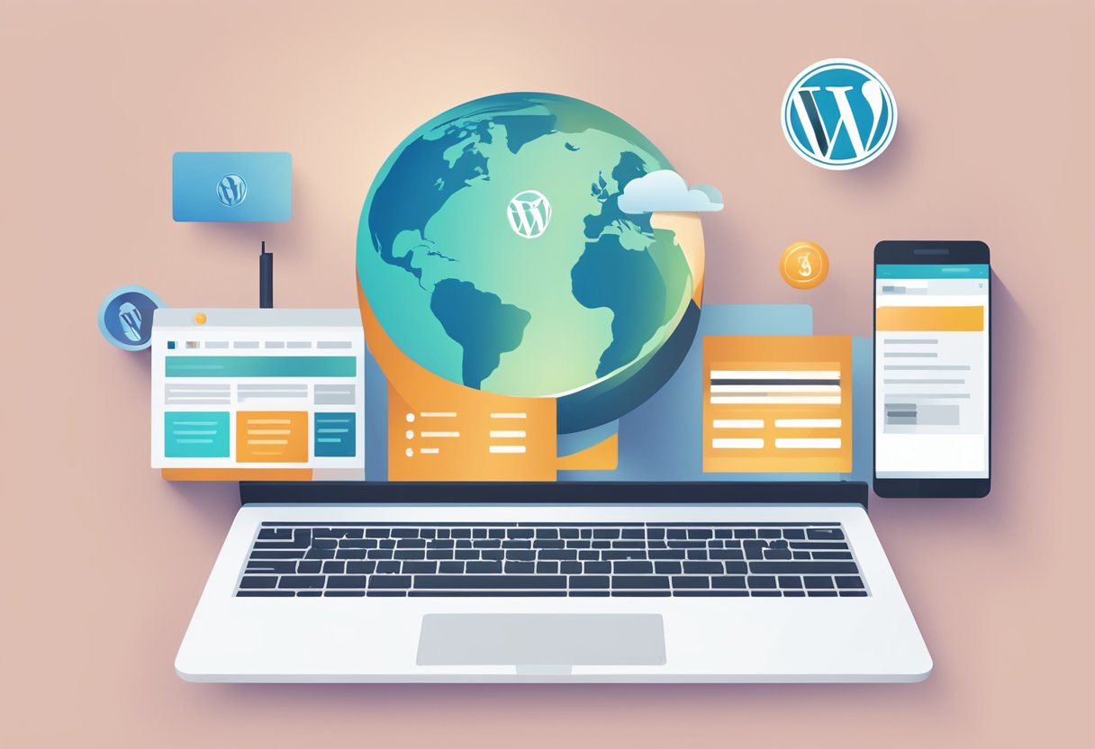 A computer screen displays a WordPress website being launched with a progress bar filling up. Icons of a globe, a computer, and a mobile phone are visible on the screen