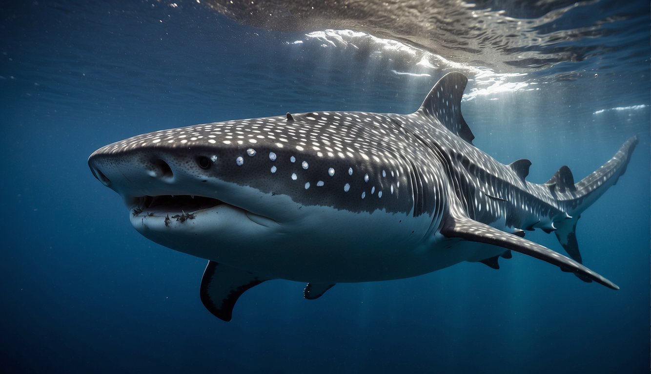 Whale shark swims with open mouth, filtering plankton.

Sunlight illuminates the underwater scene as smaller fish dart around the gentle giant