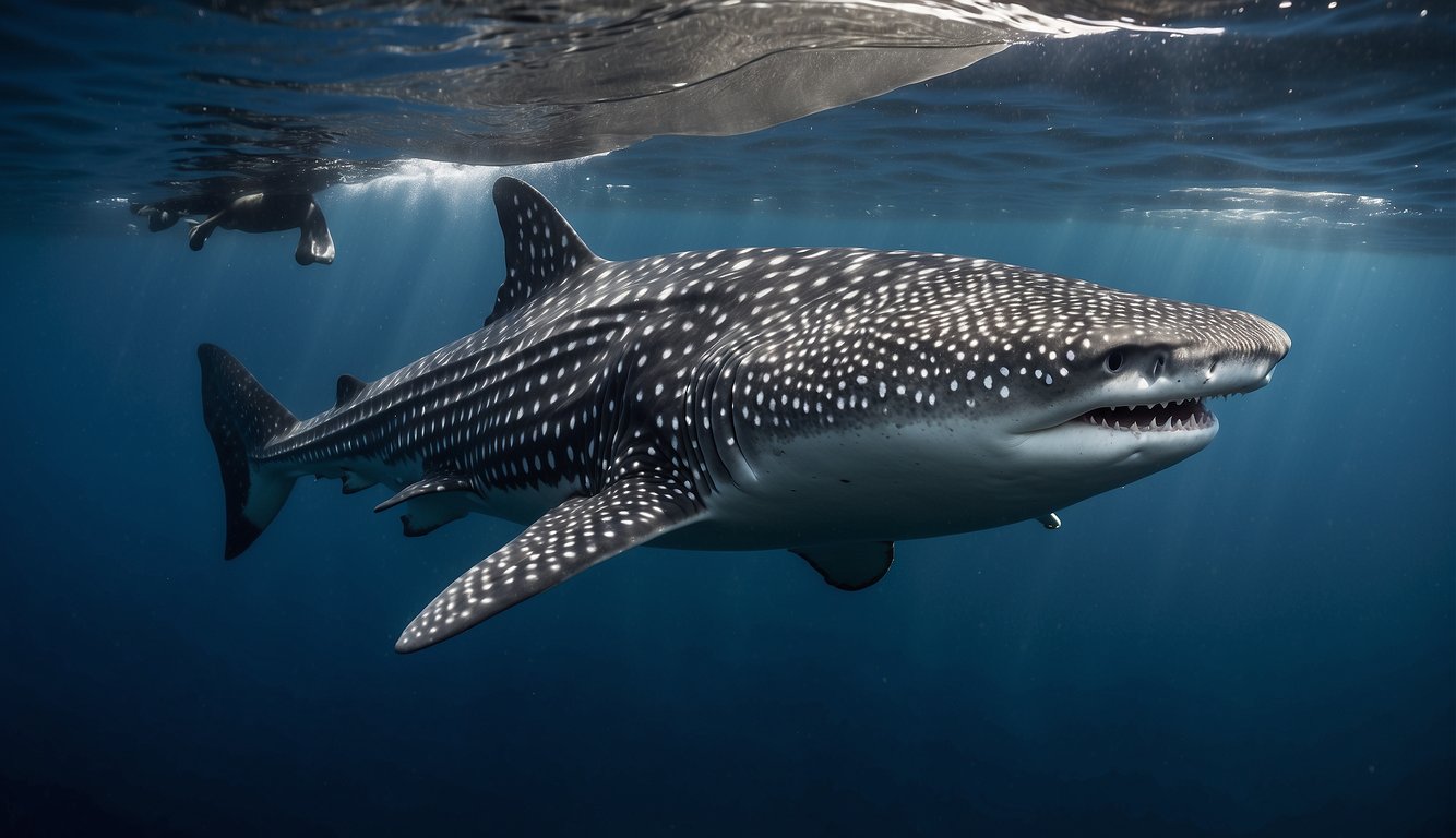 A graceful whale shark gracefully glides through the water, its mouth wide open as it peacefully filters food from the surrounding ocean