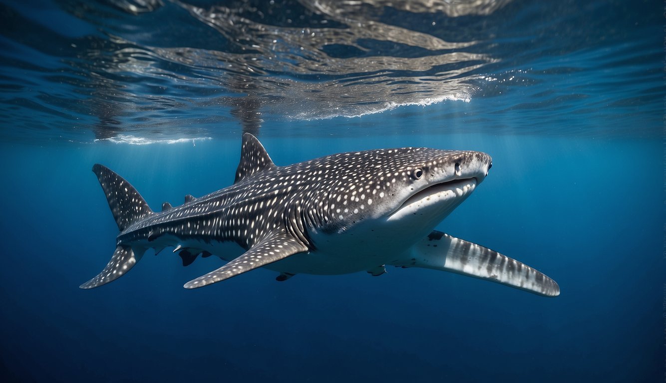 A whale shark gracefully swims through the clear blue ocean, its mouth wide open as it filters water for food.

Surrounding fish and plankton are visible in the water around it