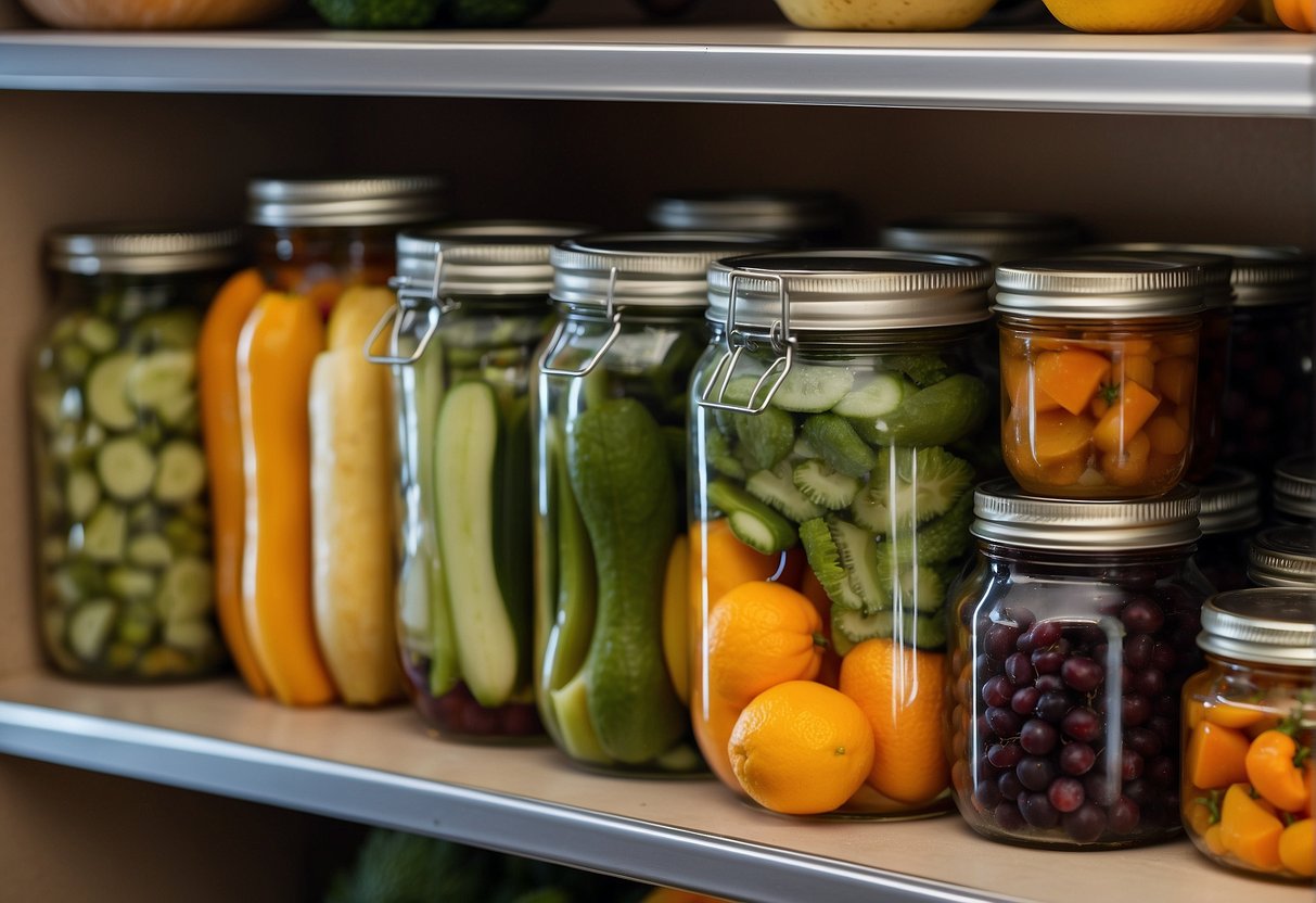 Various fruits and vegetables are being preserved using techniques like canning, pickling, and dehydrating. A shelf is stocked with homemade emergency survival food kits made on a budget