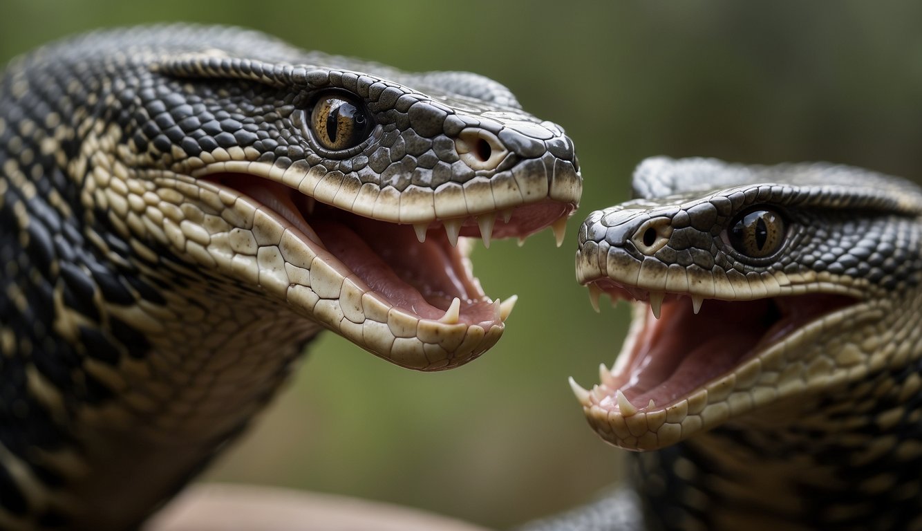 Two cobras raise their hoods, hissing and baring their fangs in a threatening display