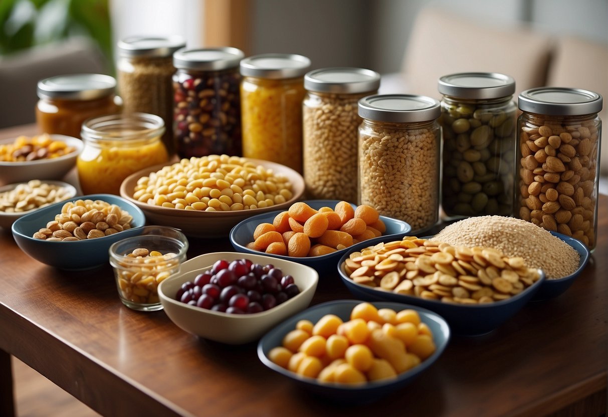 A table with a variety of non-perishable food items, such as canned goods, grains, and dried fruits, arranged in an organized and balanced manner