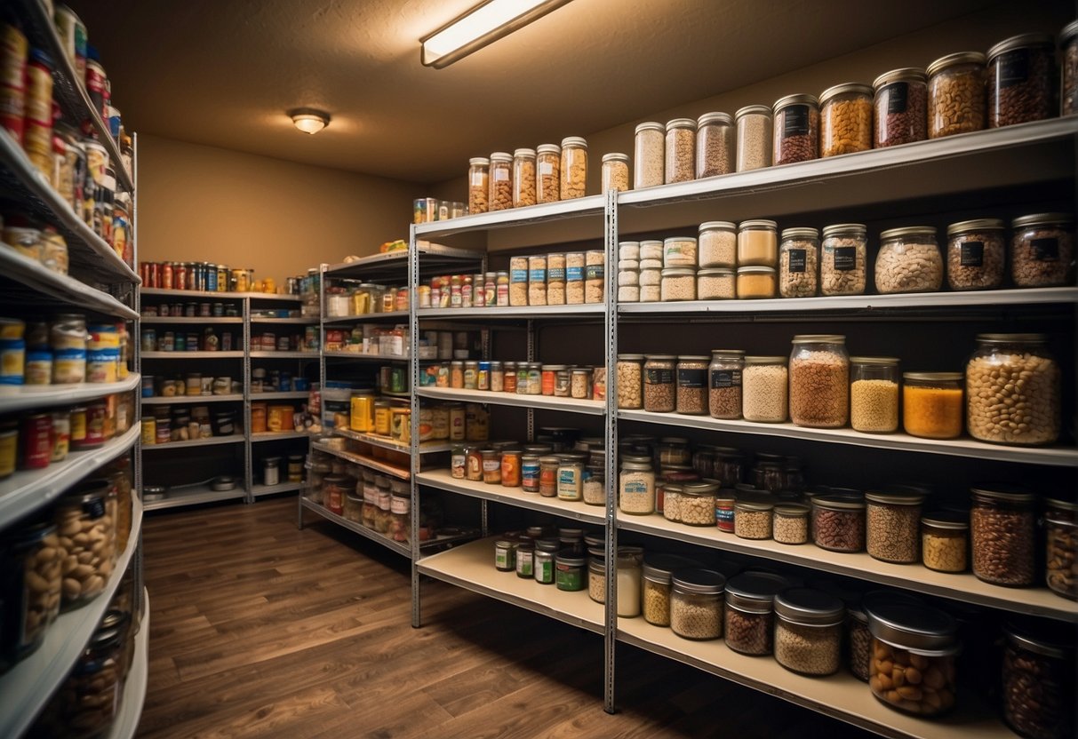A pantry shelves stocked with canned goods, dried foods, and emergency survival food kits. A budget-friendly collection of non-perishable items for long-term storage