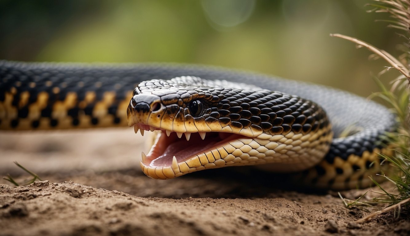A cobra raises its hood, displaying its fangs and hissing, while its body forms an S-shape, ready to strike
