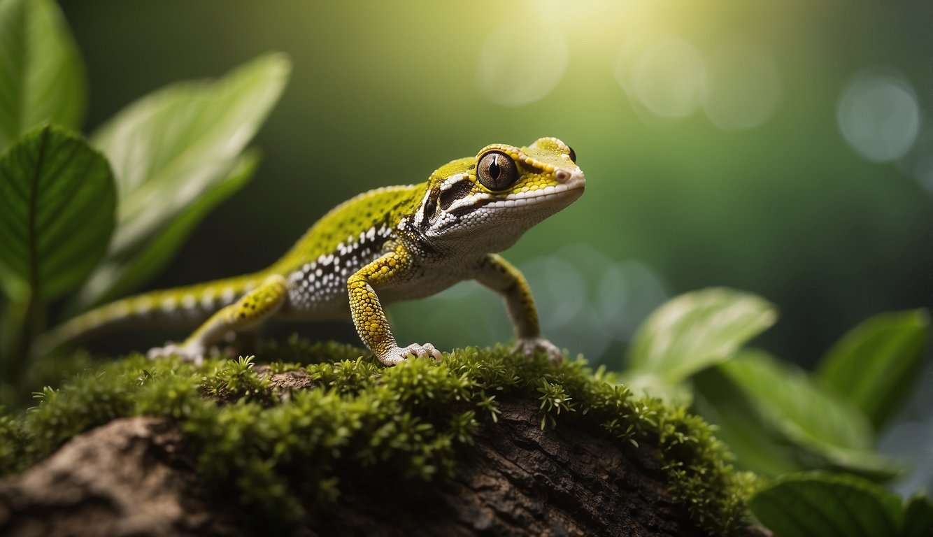 Dwarf geckos leap to evade predators, their agile bodies twisting mid-air.

The vibrant green foliage provides a striking backdrop
