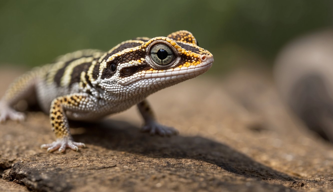 A dwarf gecko launches itself into the air, mouth open and tail raised, ready to defend against a potential threat.

Its eyes are focused and its body is tense, ready to strike if necessary