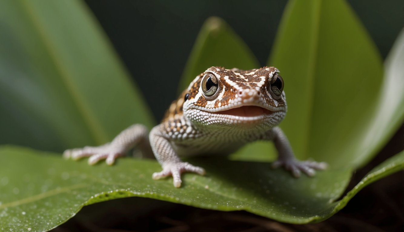 Dwarf gecko leaps from leaf to escape predator, tail flaring in defense, eyes wide in fear, legs extended mid-jump