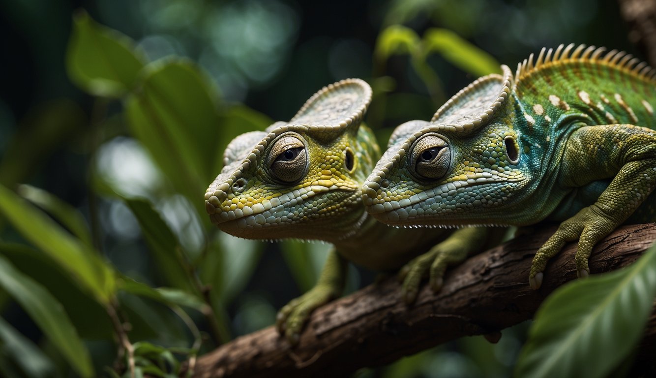 Two chameleons blend seamlessly into a vibrant jungle backdrop, their scales mirroring the foliage and flowers around them.

A snake slithers nearby, perfectly camouflaged against the forest floor