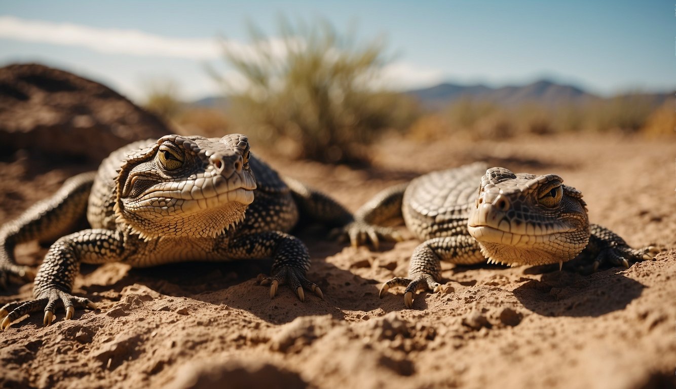 A group of reptiles emerge from their burrows, seeking warmth.

The landscape is barren, with dried-up vegetation and cracked earth. The sun beats down relentlessly, causing the reptiles to struggle for survival
