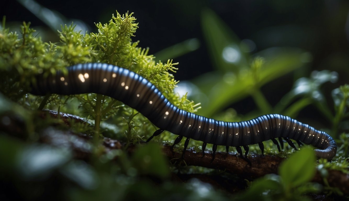 A velvet worm extends its sticky slime to ensnare its prey in the dark jungle underbrush
