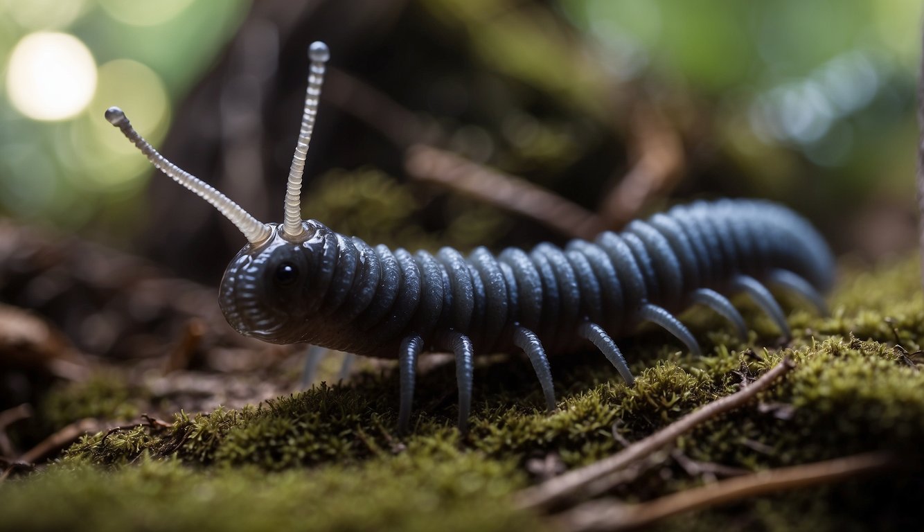 A velvet worm extends its sticky slime to capture prey on the forest floor