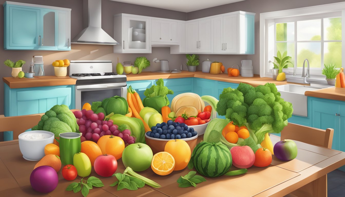 A vibrant kitchen scene with colorful fruits and vegetables, a variety of healthy cooking ingredients, and fitness equipment like dumbbells and yoga mats