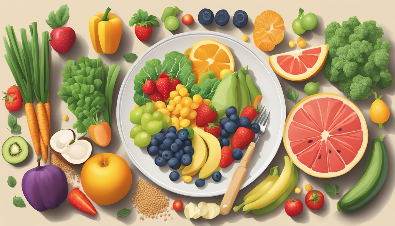 A colorful array of fresh fruits and vegetables, whole grains, lean proteins, and healthy fats arranged on a table, with a fork placed in the center as a symbol of healthy eating