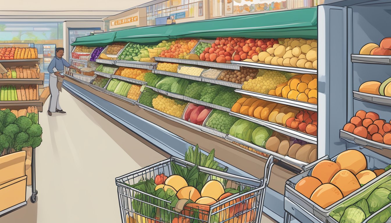 A grocery cart filled with colorful fruits, vegetables, and whole grains. A hand reaches for a carton of eggs, while a label reads "Smart Grocery Shopping Strategies" on a nearby display