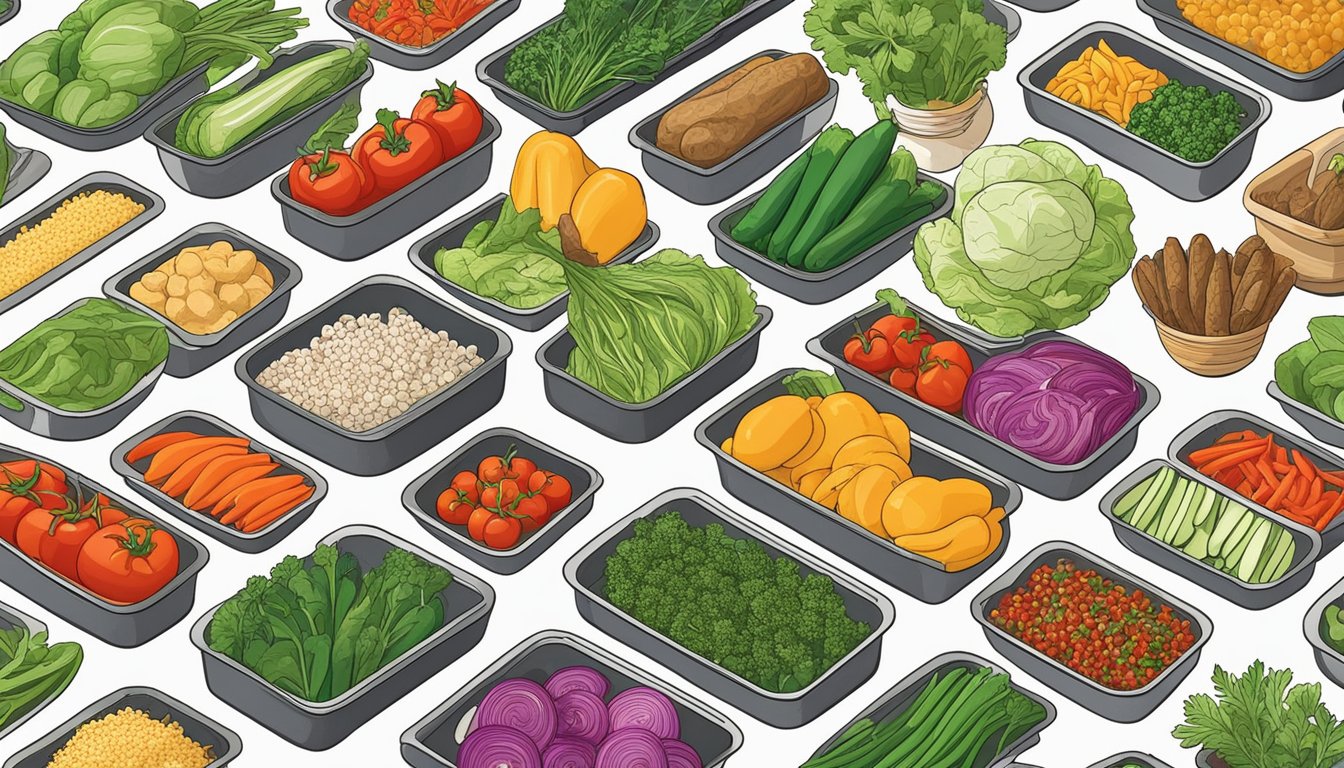 A colorful array of fresh vegetables and lean proteins being chopped, seasoned, and organized into meal prep containers. A variety of herbs and spices add flavor and vibrancy to the nutritious dishes