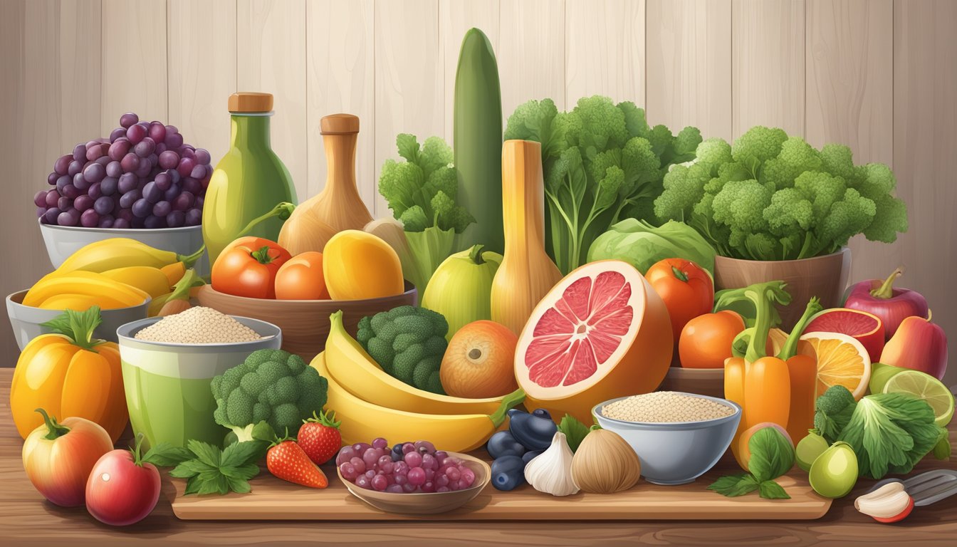 A colorful spread of fresh fruits, vegetables, and whole grains arranged on a wooden cutting board, with a variety of healthy cooking ingredients and utensils surrounding it