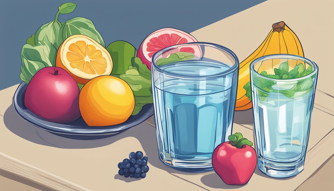 A glass of water sits next to a colorful plate of fruits and vegetables, highlighting the importance of hydration in healthy eating