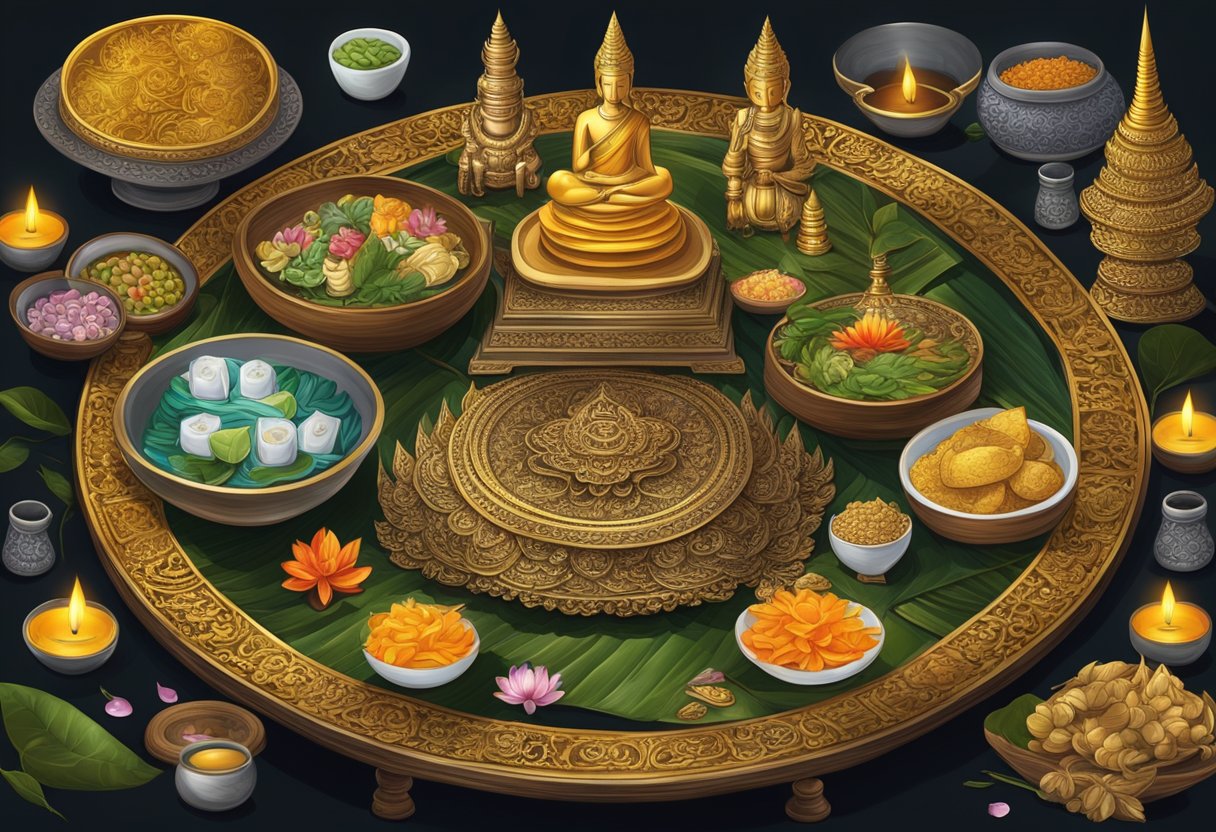A table adorned with Thai talismans, Kuman Thong, and black magic oils. Symbols and charms are arranged in a traditional Thai setting