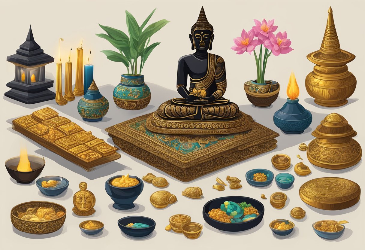 A table covered in Thai talismans, amulets, Kuman Thong figurines, and necromantic oils. Traditional symbols of necromancy in Thailand