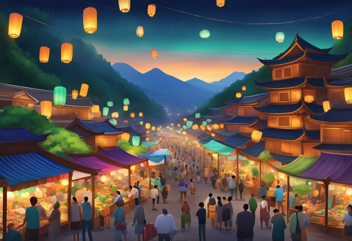 Colorful night market with bustling stalls, street food vendors, and vibrant lanterns lighting up the sky. Temples and ancient ruins dotted throughout the city. Lush green mountains in the background