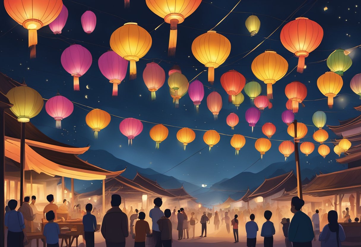 Colorful lanterns light up the night sky as locals gather to celebrate traditional festivals in Chiang Mai. Traditional music fills the air as people enjoy local cuisine and dance in the streets