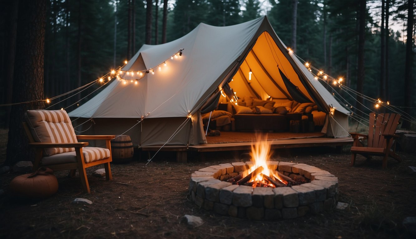 A cozy glamping tent nestled among the trees in a Michigan forest, with a warm fire pit and twinkling string lights