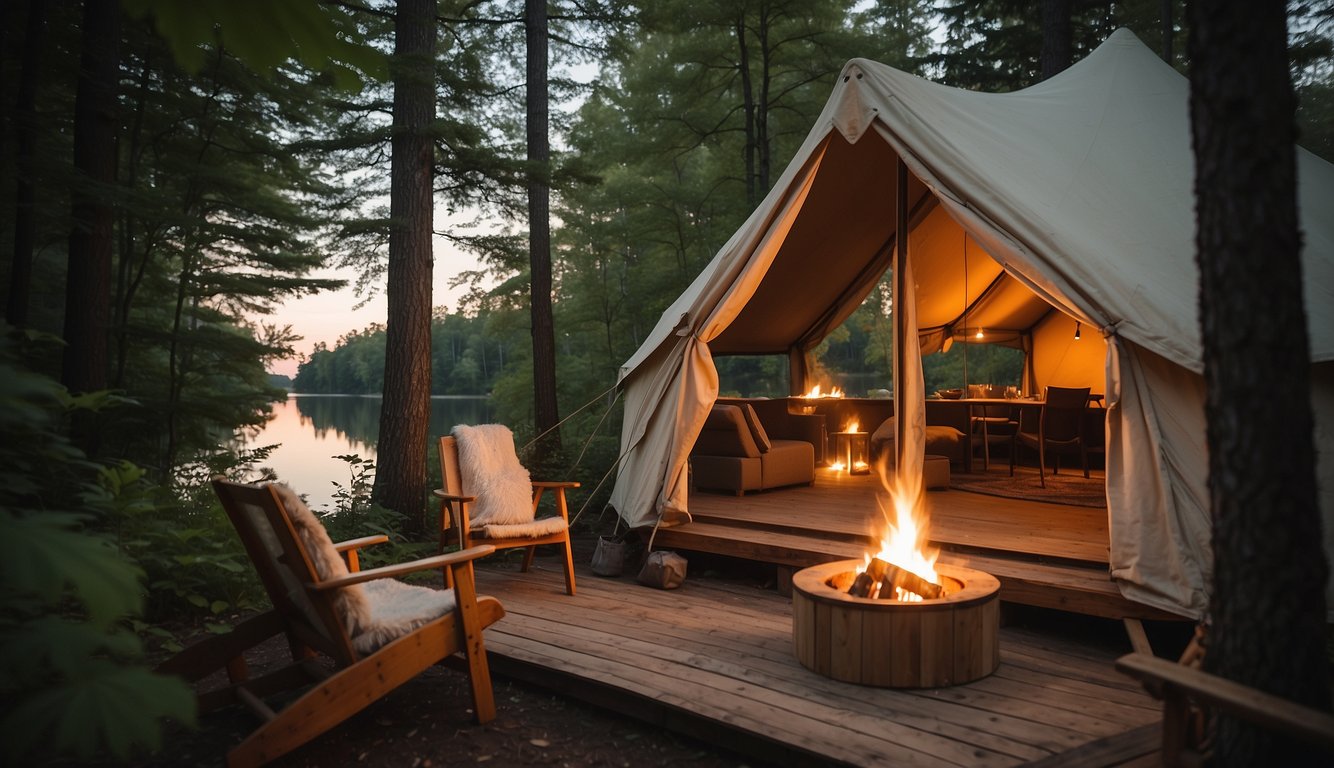 A cozy glamping tent nestled in a lush Michigan forest, with a crackling campfire and a serene lake in the background